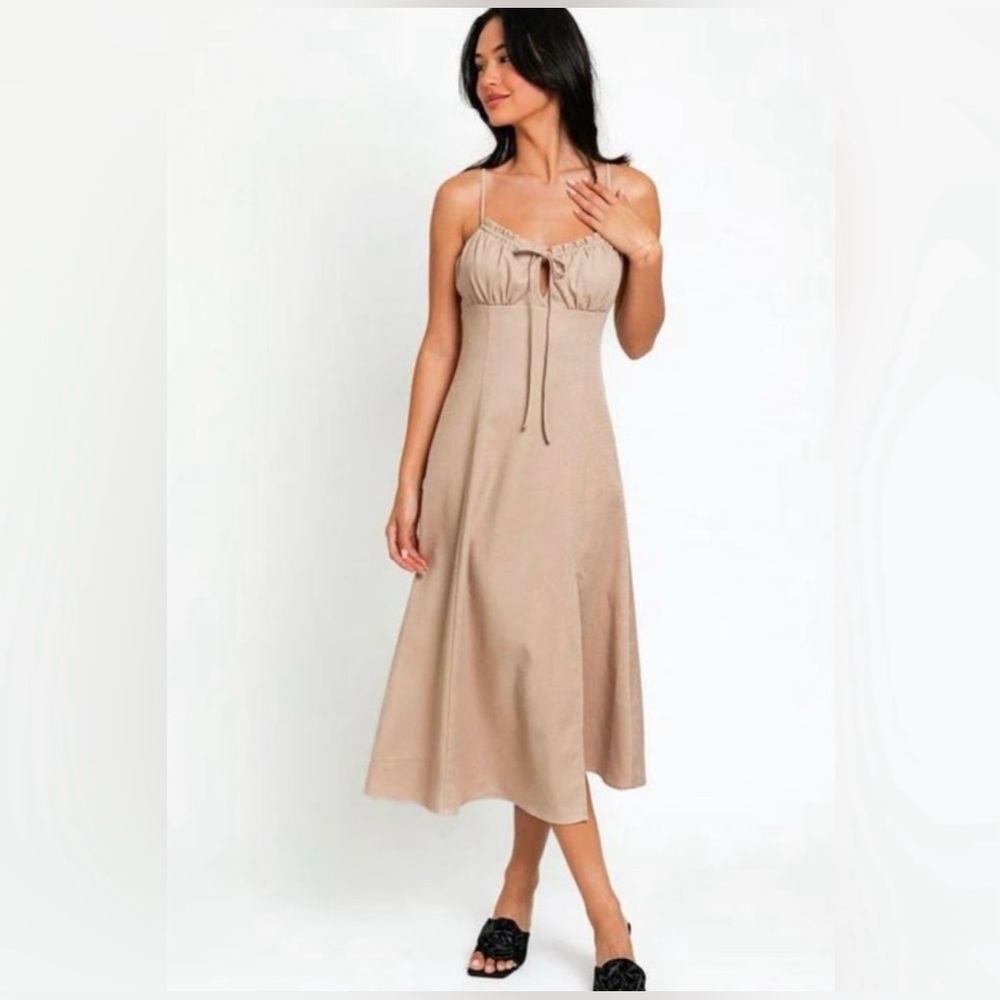Tasha Elegant Tan Flare Midi Slit Dress w/ Tie Front
